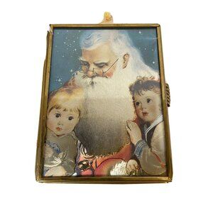 Vintage Glass Santa Clause Trinket Box W/Mirror Warm Greetings From The Heart.‎